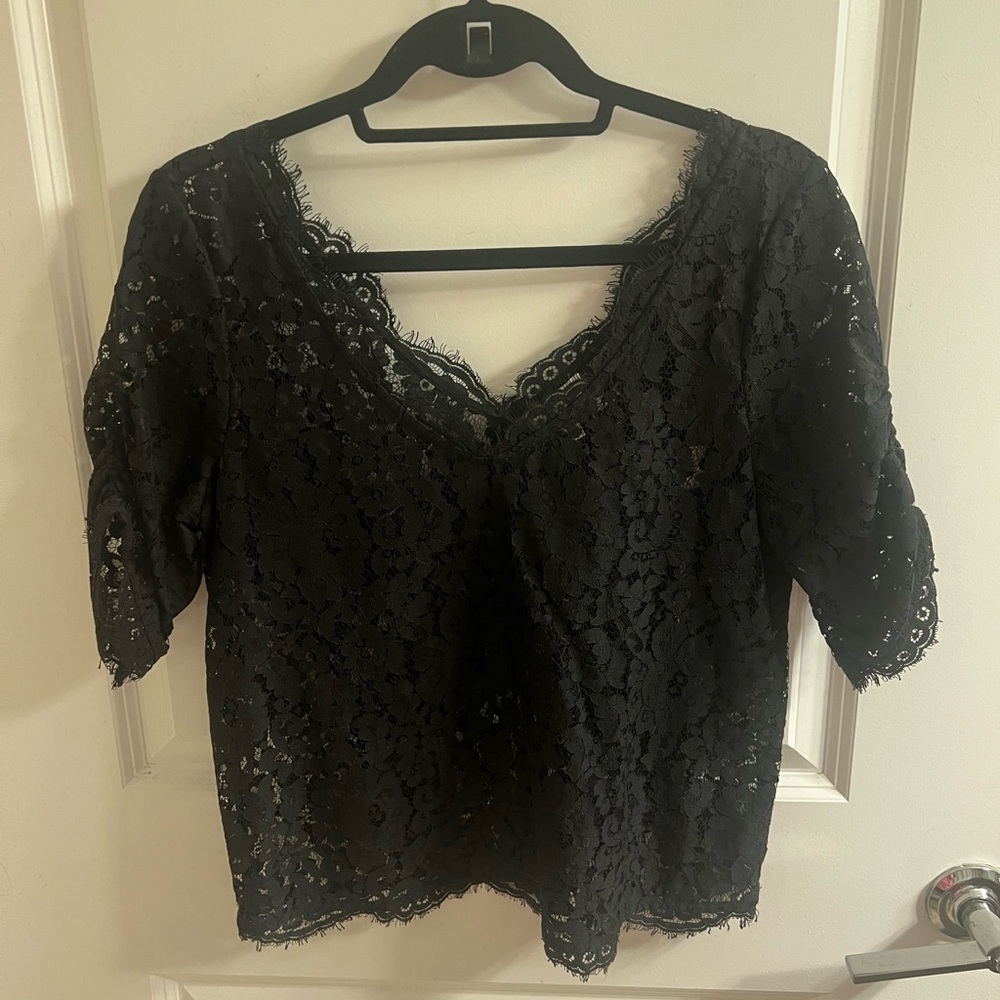 Joie Nevina Black Lace Scalloped Eyelash Trim Short Sleeve Top Blouse s